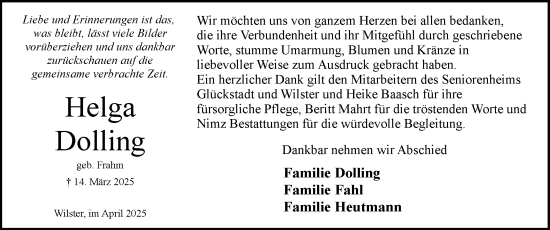 Traueranzeige von Helga Dolling von Norddeutsche Rundschau, Wilstersche Zeitung, Glückstädter Fortuna