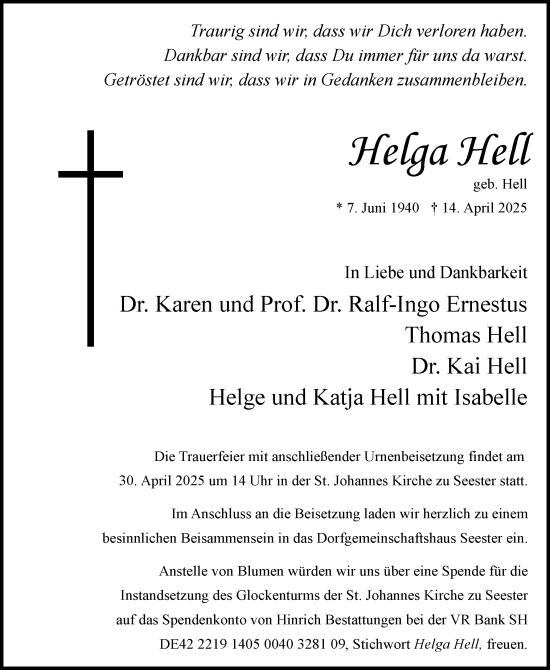 Traueranzeige von Helga Hell von Elmshorner Nachrichten, Barmstedter Zeitung