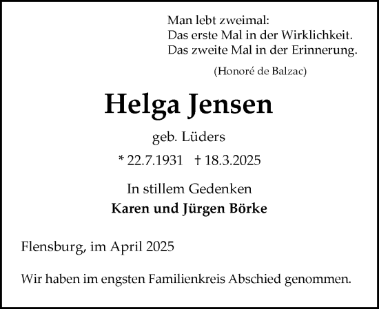 Traueranzeige von Helga Jensen von Flensburger Tageblatt