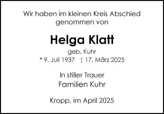 Traueranzeige von Helga Klatt von Schleswig-Holsteinische Landeszeitung