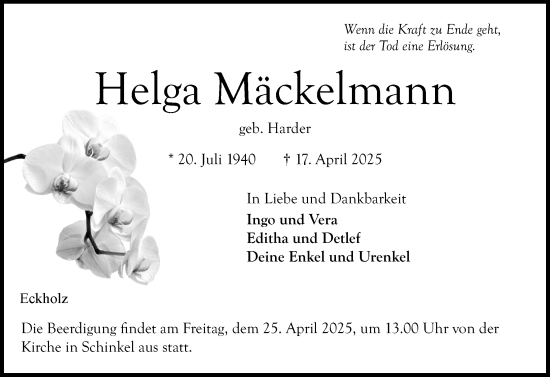 Traueranzeige von Helga Mäckelmann von Schleswig-Holsteinische Landeszeitung
