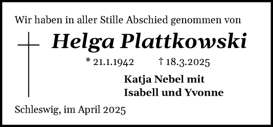 Traueranzeige von Helga Plattkowski von Schleswiger Nachrichten, Schlei-Bote