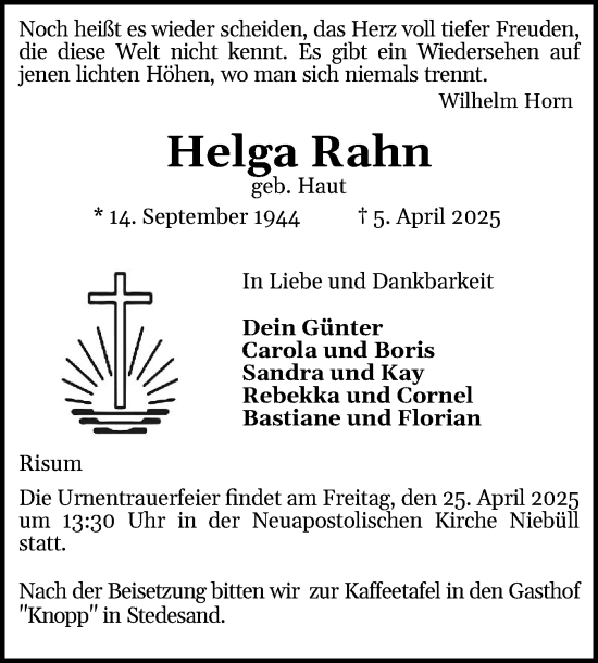 Traueranzeige von Helga Rahn von Husumer Nachrichten, Nordfriesland Tageblatt
