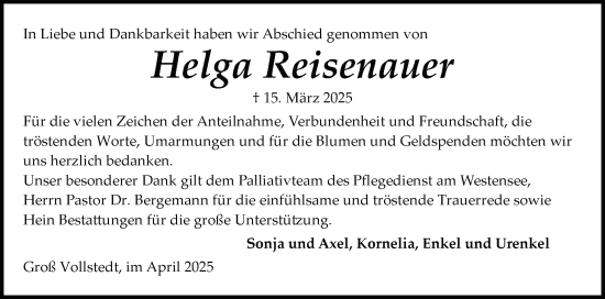 Traueranzeige von Helga Reisenauer von Schleswig-Holsteinische Landeszeitung