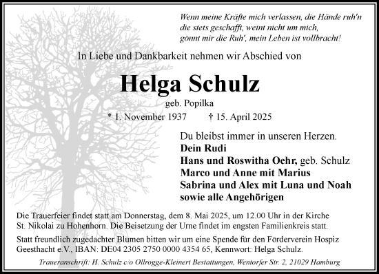 Traueranzeige von Helga Schulz von Wochenend Anzeiger