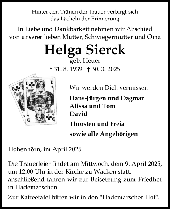 Traueranzeige von Helga Sierck von Schleswig-Holsteinische Landeszeitung