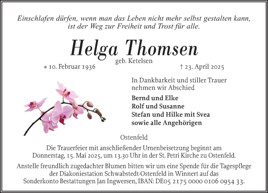 Traueranzeige von Helga Thomsen von Husumer Nachrichten, Nordfriesland Tageblatt