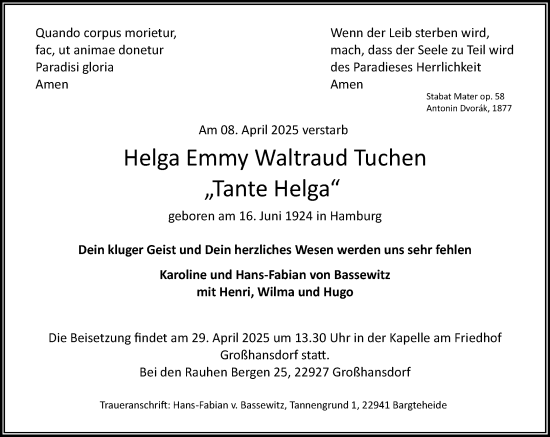 Traueranzeige von Helga Emmy Waltraud Tuchen von MARKT Ahrensburg/Bargteheide/Trittau und Stormarner Tageblatt