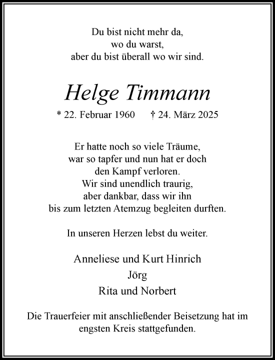 Traueranzeige von Helge Timmann von MARKT Ahrensburg/Bargteheide/Trittau und Stormarner Tageblatt