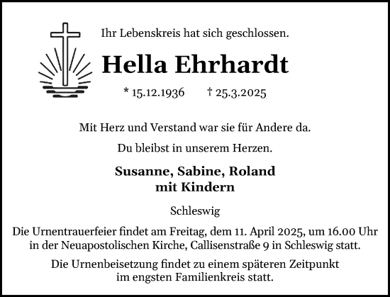Traueranzeige von Hella Ehrhardt von Schleswiger Nachrichten, Schlei-Bote