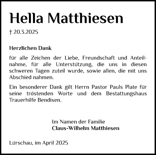Traueranzeige von Hella Matthiesen von Schleswiger Nachrichten, Schlei-Bote