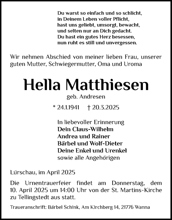 Traueranzeige von Hella Matthiesen von Schleswiger Nachrichten, Schlei-Bote