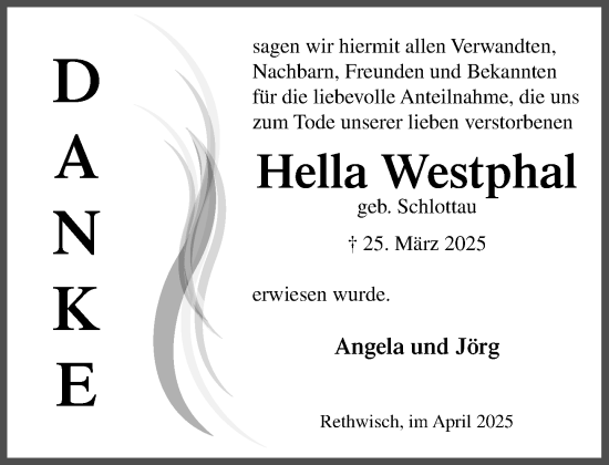 Traueranzeige von Hella Westphal von MARKT Bad Oldesloe/Reinfeld und Stormarner Tageblatt