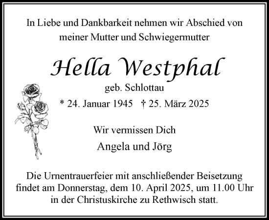 Traueranzeige von Hella Westphal von MARKT Bad Oldesloe/Reinfeld und Stormarner Tageblatt