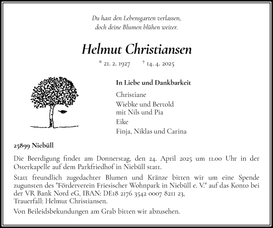 Traueranzeige von Helmut Christiansen von Husumer Nachrichten, Nordfriesland Tageblatt
