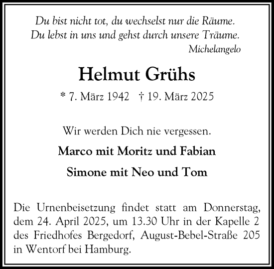 Traueranzeige von Helmut Grühs von Heimatspiegel