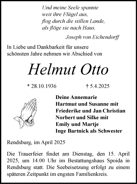 Traueranzeige von Helmut Otto von Schleswig-Holsteinische Landeszeitung
