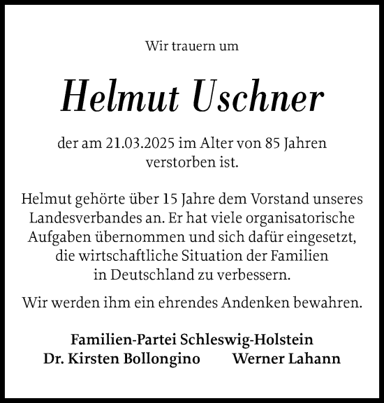 Traueranzeige von Helmut Uschner von Holsteinischer Courier