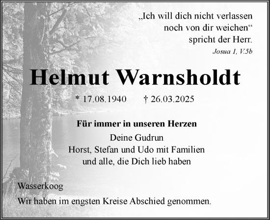 Traueranzeige von Helmut Warnsholdt von Husumer Nachrichten, Nordfriesland Tageblatt