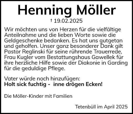 Traueranzeige von Henning Möller von Husumer Nachrichten, Nordfriesland Tageblatt