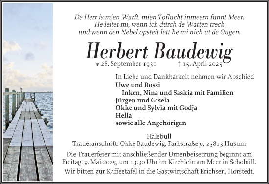 Traueranzeige von Herbert Baudewig von Husumer Nachrichten, Nordfriesland Tageblatt