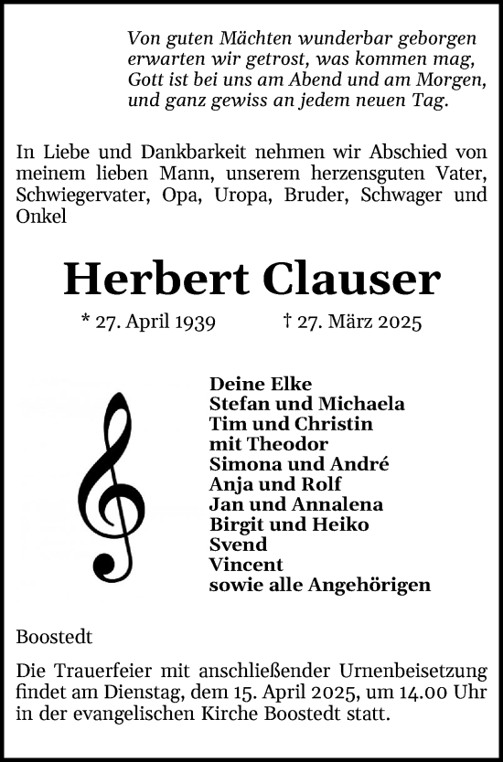 Traueranzeige von Herbert Clauser von Holsteinischer Courier