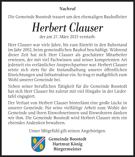 Traueranzeige von Herbert Clauser von Holsteinischer Courier