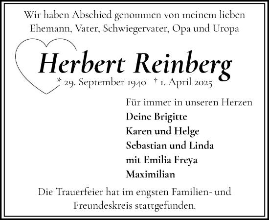 Traueranzeige von Herbert Reinberg von Flensburger Tageblatt