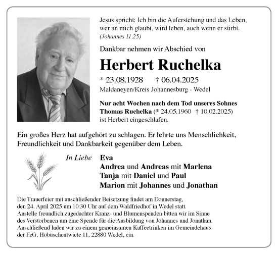 Traueranzeige von Herbert Ruchelka von Wedel-Schulauer Tageblatt, tip Wedel-Schulauer Tageblatt, tip Rissener Rundschau