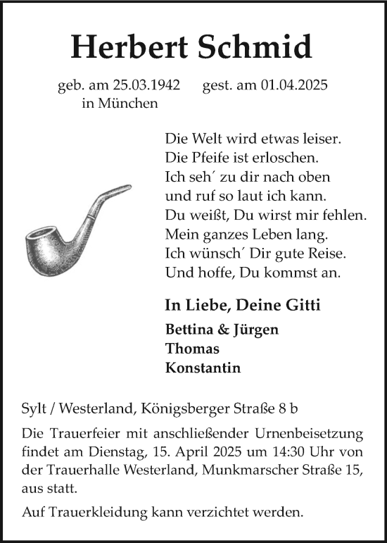 Traueranzeige von Herbert Schmid von Sylter Rundschau