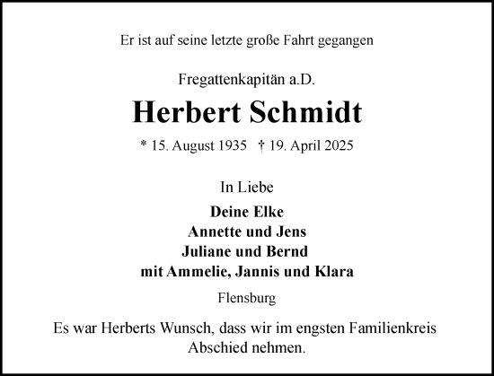Traueranzeige von Herbert Schmidt von Flensburger Tageblatt