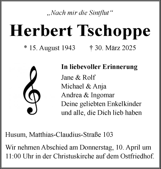 Traueranzeige von Herbert Tschoppe von Husumer Nachrichten, Nordfriesland Tageblatt