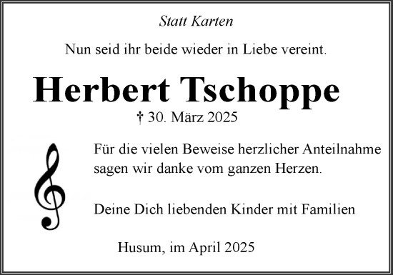 Traueranzeige von Herbert Tschoppe von Husumer Nachrichten, Nordfriesland Tageblatt