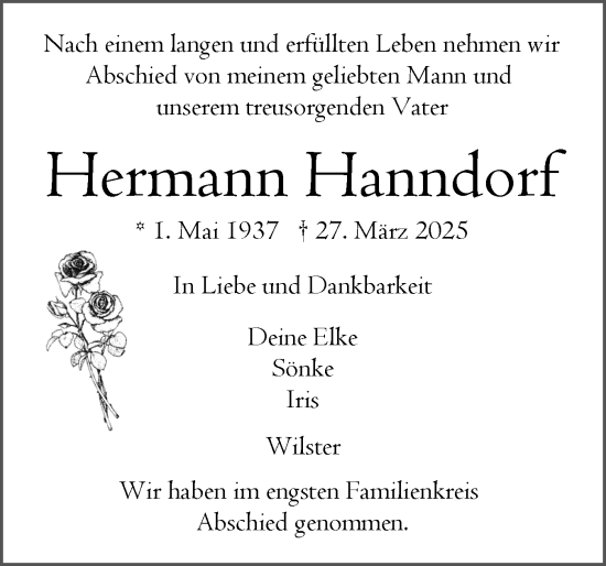 Traueranzeige von Hermann Hanndorf von Norddeutsche Rundschau, Wilstersche Zeitung, Glückstädter Fortuna