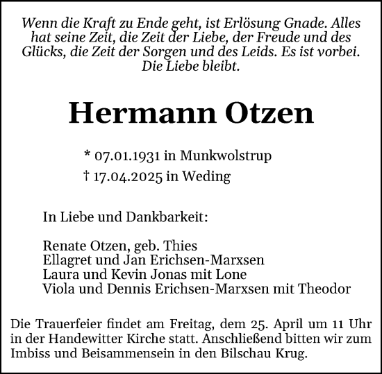 Traueranzeige von Hermann Otzen von Flensburger Tageblatt, Schleswiger Nachrichten, Schlei-Bote