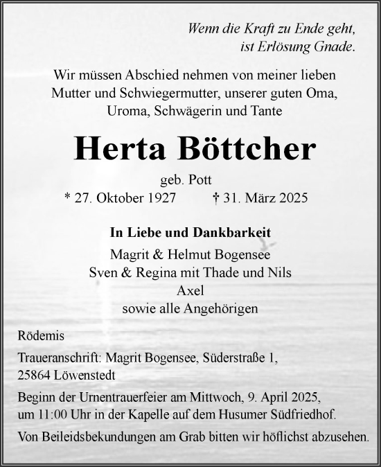 Traueranzeige von Herta Böttcher von Husumer Nachrichten, Nordfriesland Tageblatt