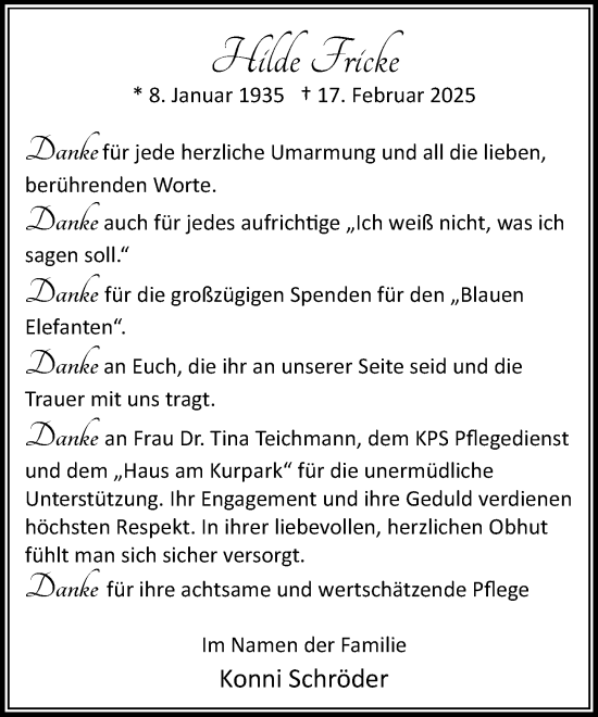 Traueranzeige von Hilde Fricke von MARKT Bad Oldesloe/Reinfeld und Stormarner Tageblatt