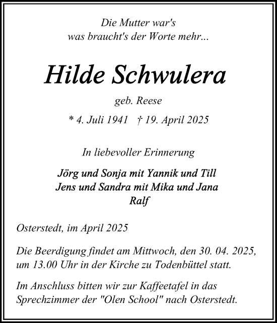 Traueranzeige von Hilde Schwulera von Schleswig-Holsteinische Landeszeitung