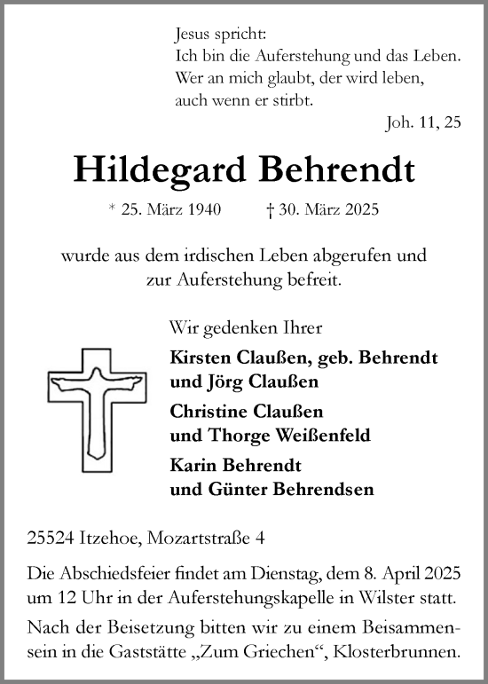 Traueranzeige von Hildegard Behrendt von Norddeutsche Rundschau, Wilstersche Zeitung, Glückstädter Fortuna
