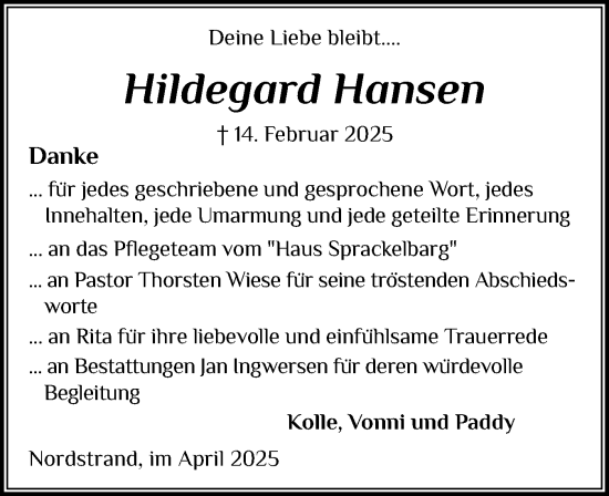 Traueranzeige von Hildegard Hansen von Husumer Nachrichten, Nordfriesland Tageblatt