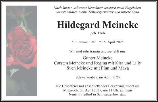 Traueranzeige von Hildegard Meineke von Wochenend Anzeiger