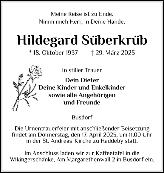 Traueranzeige von Hildegard Süberkrüb von Schleswiger Nachrichten, Schlei-Bote