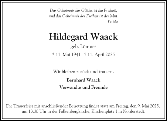 Traueranzeige von Hildegard Waack von Heimatspiegel