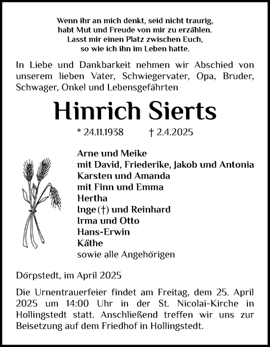 Traueranzeige von Hinrich Sierts von Schleswiger Nachrichten, Schlei-Bote