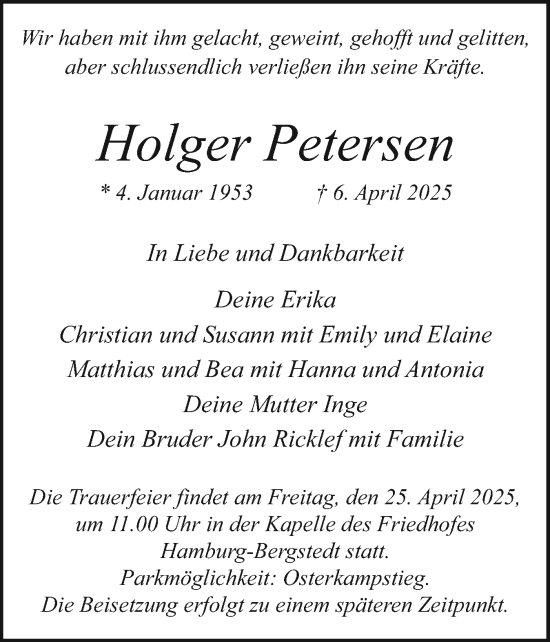 Traueranzeige von Holger Petersen von Sylter Rundschau