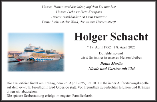 Traueranzeige von Holger Schacht von MARKT Bad Oldesloe/Reinfeld und Stormarner Tageblatt
