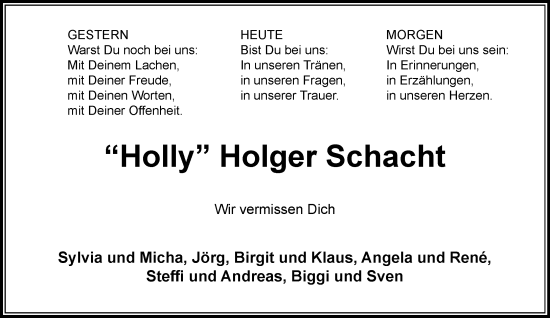 Traueranzeige von Holger Schacht von MARKT Bad Oldesloe/Reinfeld und Stormarner Tageblatt