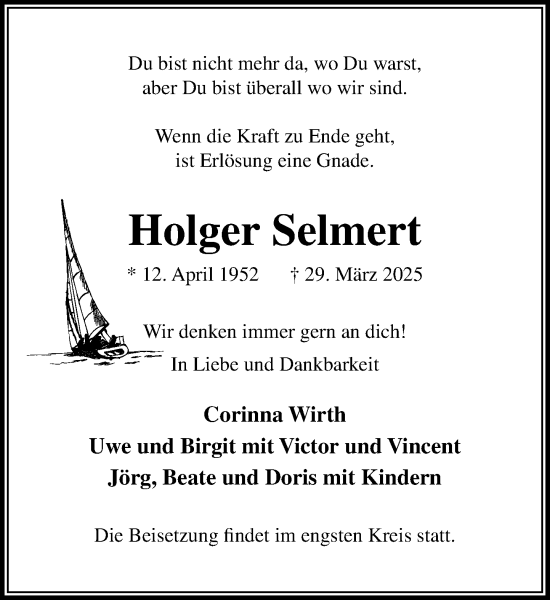Traueranzeige von Holger Selmert von MARKT Ahrensburg/Bargteheide/Trittau und Stormarner Tageblatt