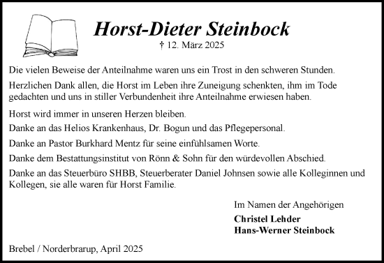 Traueranzeige von Horst-Dieter Steinbock von Schleswiger Nachrichten, Schlei-Bote