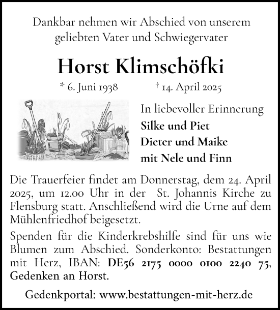 Traueranzeige von Horst Klimschöfki von Flensburger Tageblatt